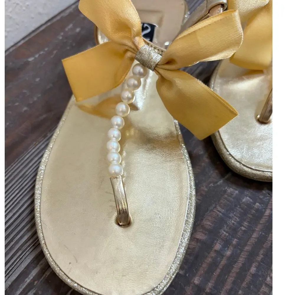 Gold Metallic Sandal With Bow and Pearls Girls Size 4.5